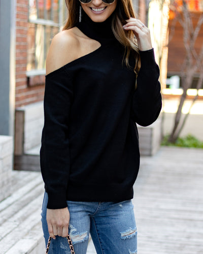 Nadene Cold Shoulder Turtleneck Sweater - Black