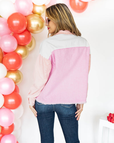 Kimberly Color Block Pocketed Denim Jacket - Pink Multi
