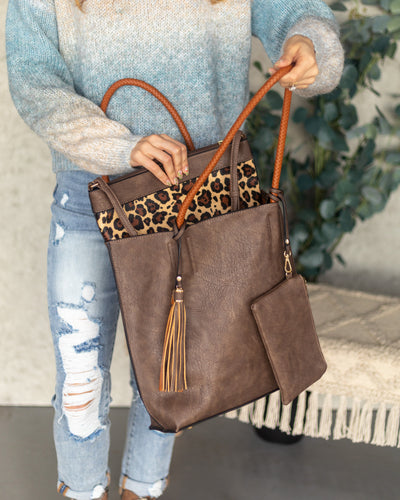 Jean Faux Leather Tote, Leopard Crossbody And Coin Purse - Dark Taupe