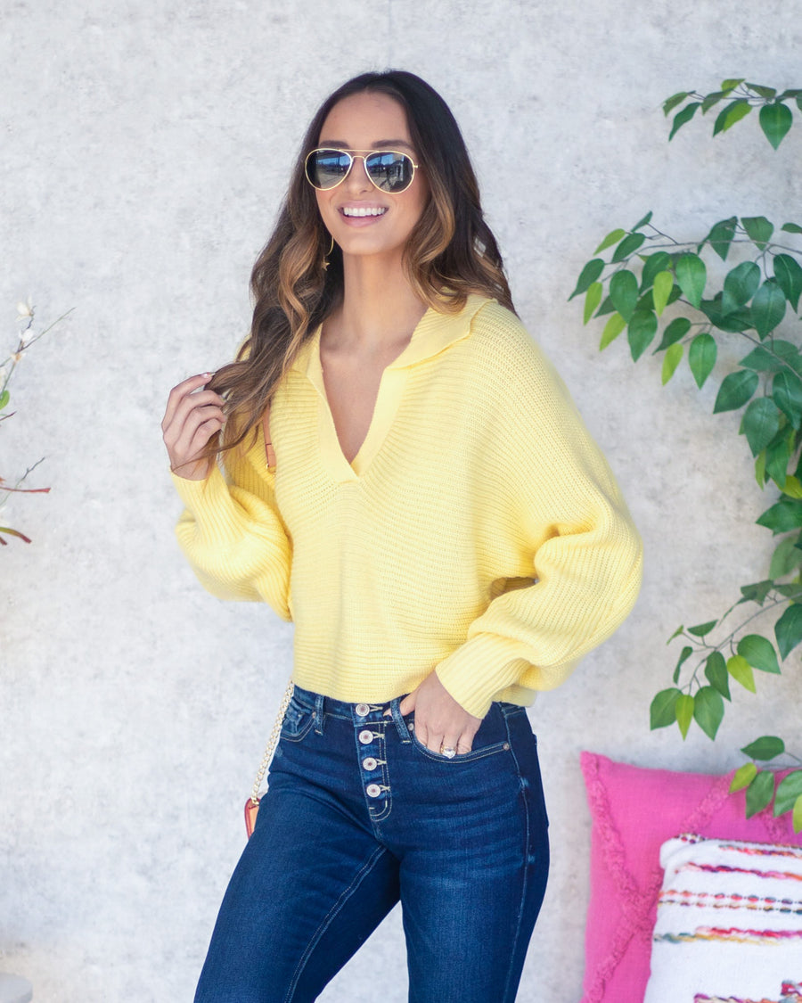 Natalie Collared V-Neck Sweater - Lemon