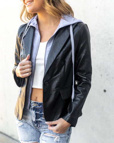 Mable Faux Leather Hooded Blazer Jacket - Black