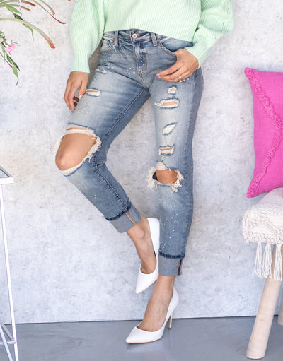 Rachel High Rise Paint Splatter Distressed Boyfriend Jeans - Light Wash