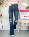 Noelle High Rise Distressed Flares - Dark Wash