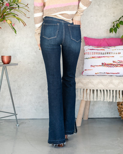 Noelle High Rise Distressed Flares - Dark Wash