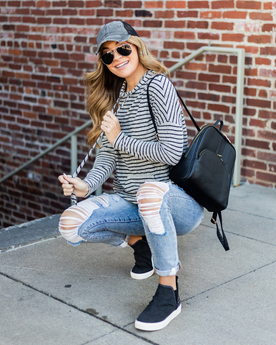 Andi Striped Brushed Knit Hoodie - Grey/Black