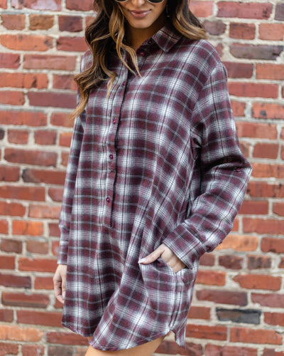 Ivy Plaid Button Down Dress - Burgundy