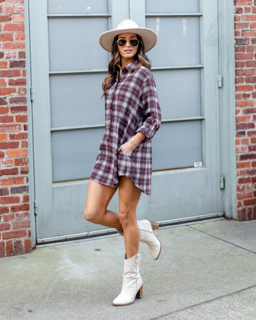 Ivy Plaid Button Down Dress - Burgundy