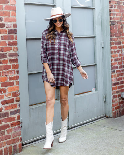 Ivy Plaid Button Down Dress - Burgundy