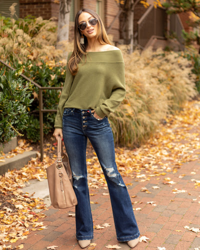 Nia Off Shoulder Ribbed Sweater - Olive