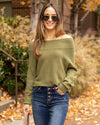 Nia Off Shoulder Ribbed Sweater - Olive