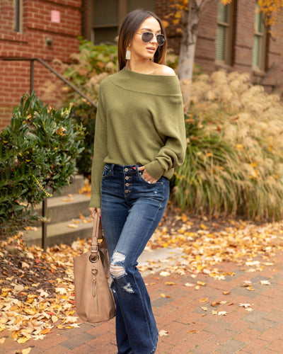 Nia Off Shoulder Ribbed Sweater - Olive