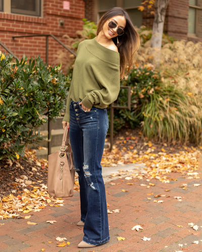 Nia Off Shoulder Ribbed Sweater - Olive