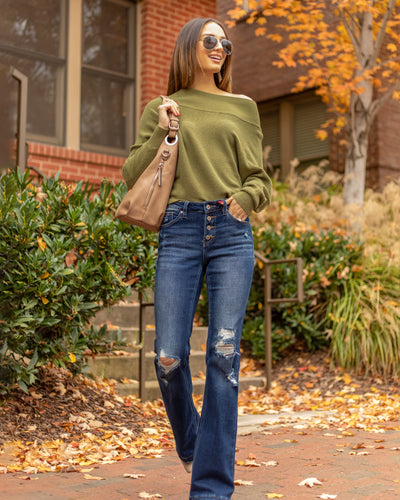 Nia Off Shoulder Ribbed Sweater - Olive