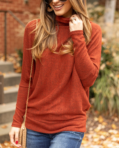 Whitley Funnel Neck Brushed Knit Top - Rust