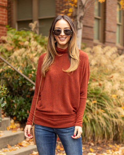 Whitley Funnel Neck Brushed Knit Top - Rust