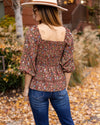 Carmen Smocked Ditsy Floral Top - Mocha