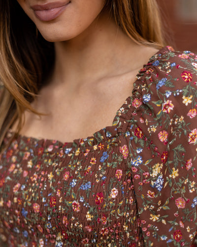 Carmen Smocked Ditsy Floral Top - Mocha