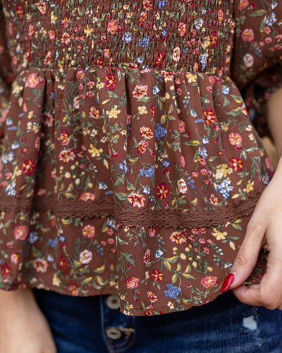 Carmen Smocked Ditsy Floral Top - Mocha