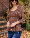 Carmen Smocked Ditsy Floral Top - Mocha