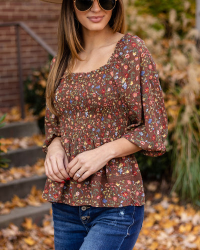 Carmen Smocked Ditsy Floral Top - Mocha