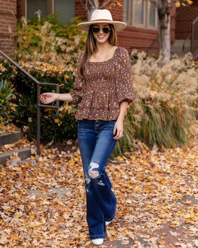 Carmen Smocked Ditsy Floral Top - Mocha