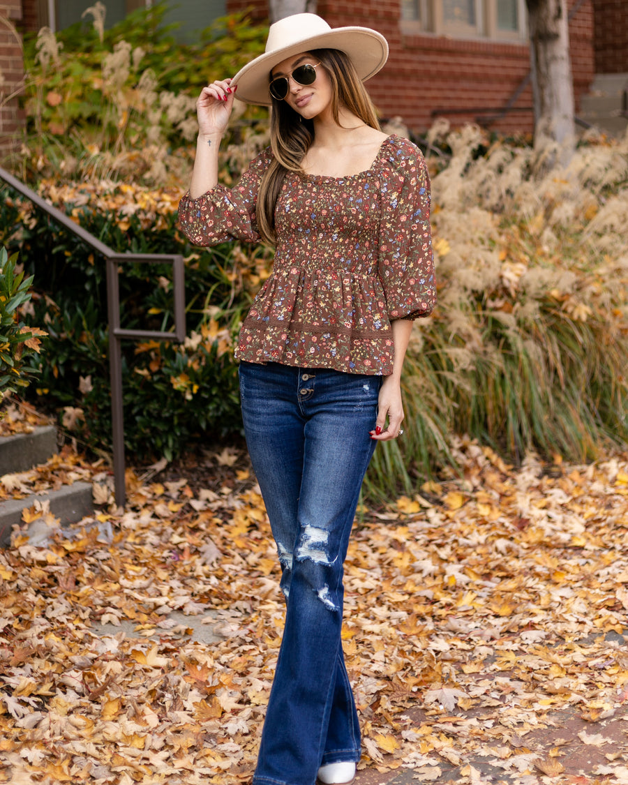 Carmen Smocked Ditsy Floral Top - Mocha