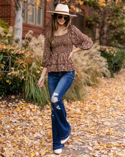 Carmen Smocked Ditsy Floral Top - Mocha