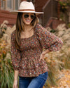 Carmen Smocked Ditsy Floral Top - Mocha