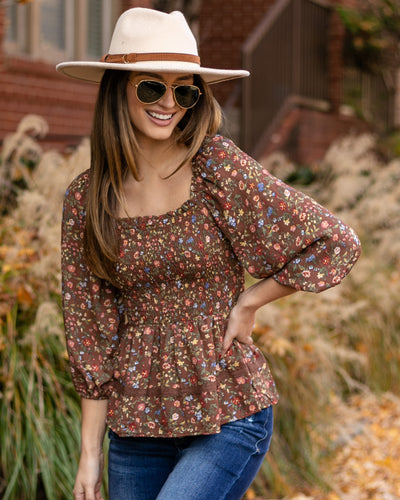 Carmen Smocked Ditsy Floral Top - Mocha