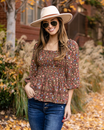 Carmen Smocked Ditsy Floral Top - Mocha