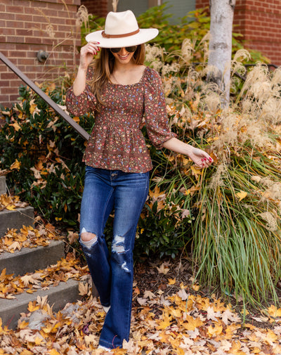 Carmen Smocked Ditsy Floral Top - Mocha