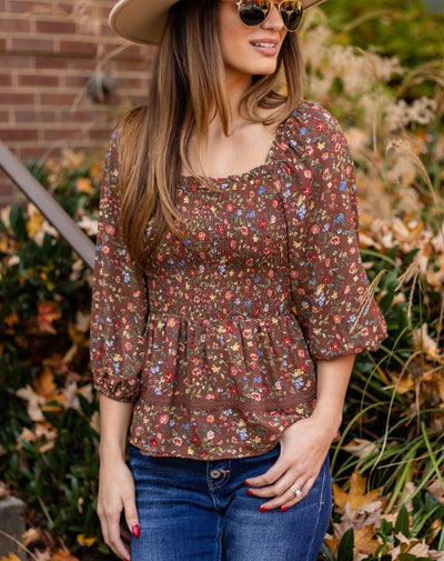 Carmen Smocked Ditsy Floral Top - Mocha