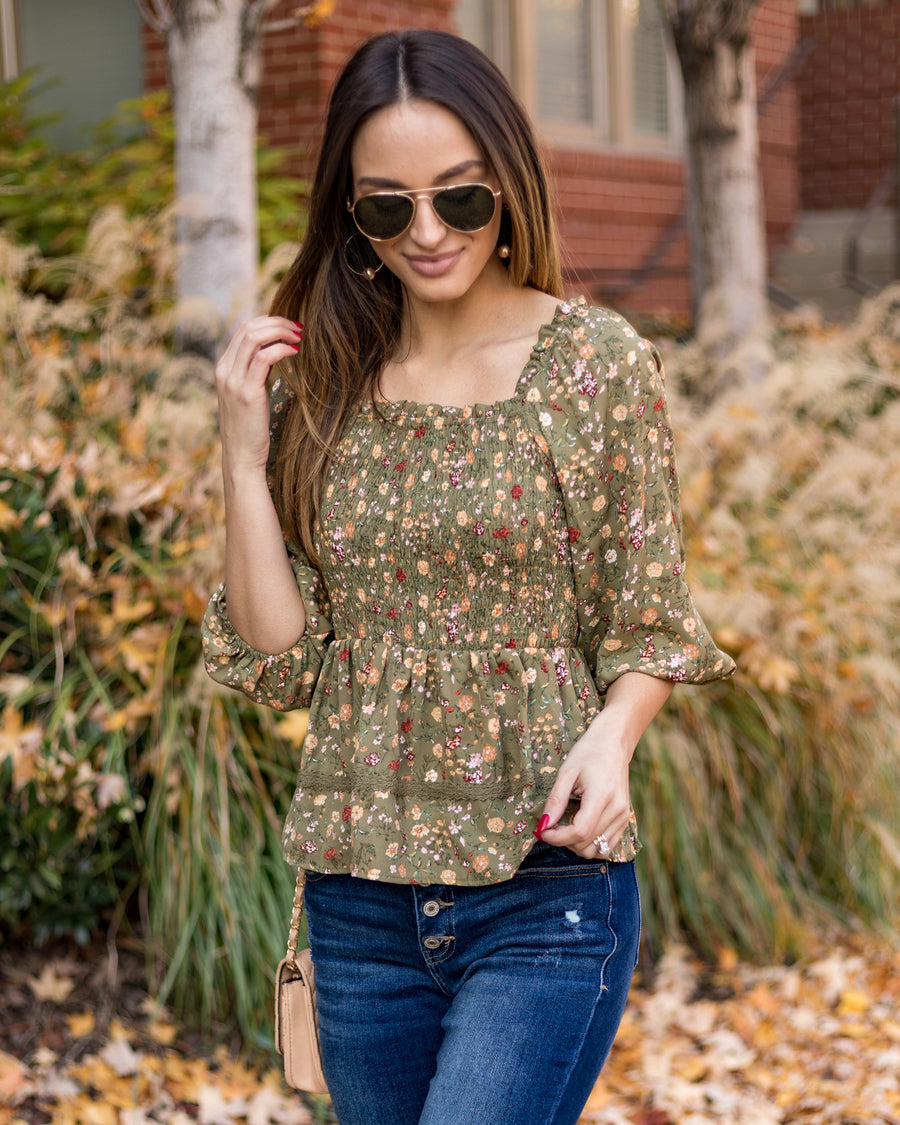 Carmen Smocked Ditsy Floral Top - Olive