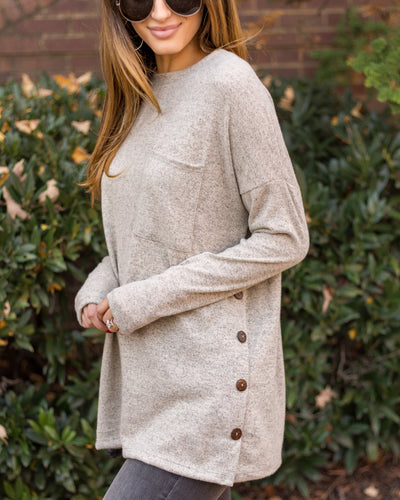 Brianne Brushed Knit Button Top - Oatmeal