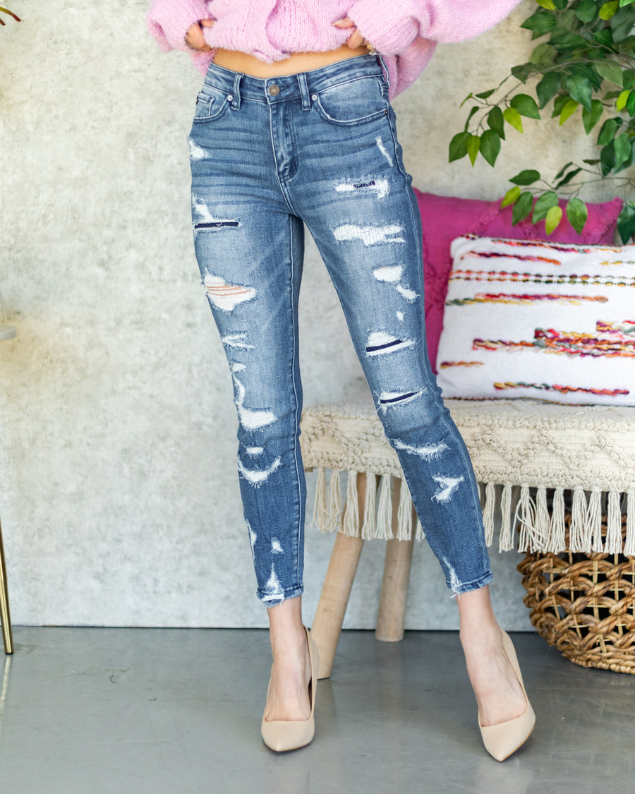 Alexa Mid-Rise Distressed Patchwork Skinny Jeans - Medium Wash