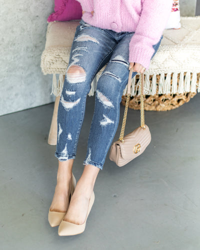 Alexa Mid-Rise Distressed Patchwork Skinny Jeans - Medium Wash