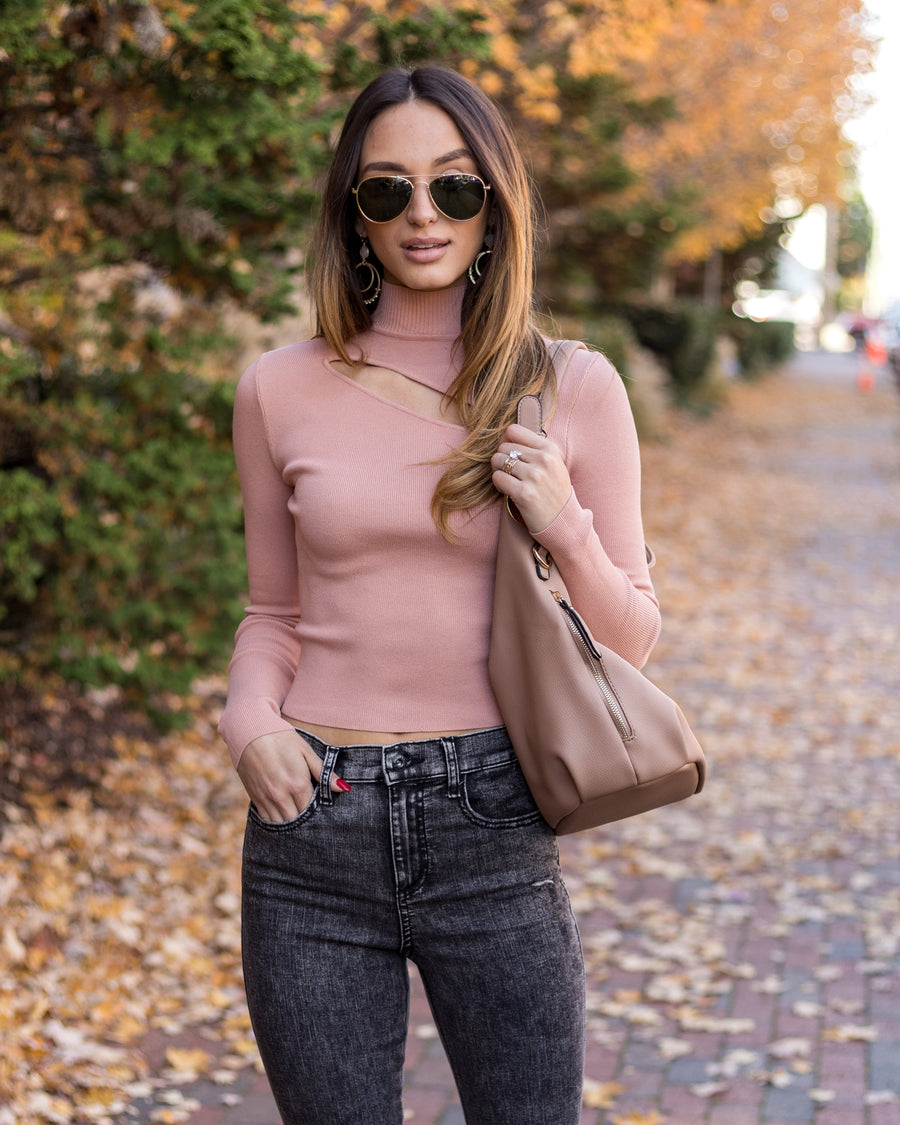 Lacey Mock Neck Fitted Cropped Top - Dusty Pink
