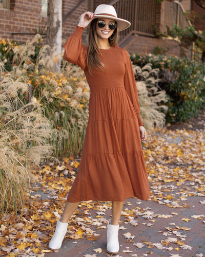 Jianna Smocked Midi Dress - Rust
