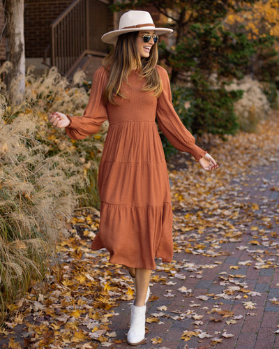 Jianna Smocked Midi Dress - Rust