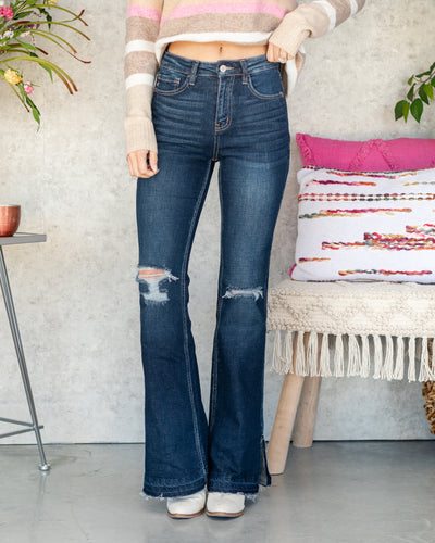 Noelle High Rise Distressed Flares - Dark Wash