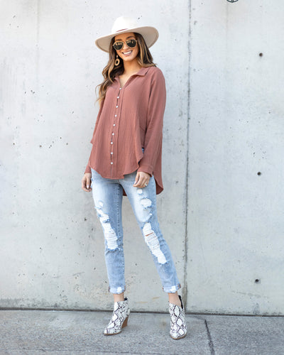 Elizabeth Collared Button Down Top - Clay