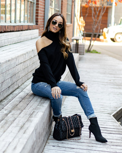 Nadene Cold Shoulder Turtleneck Sweater - Black