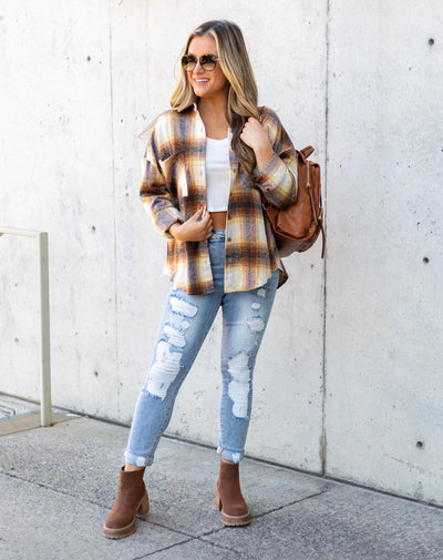 Jade Button Down Shacket - Mustard Multi