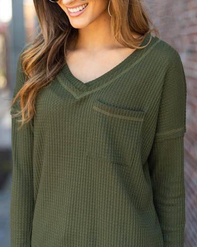 Ruthie Waffle Knit Pocket Top - Olive