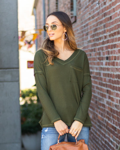 Ruthie Waffle Knit Pocket Top - Olive