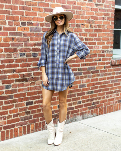 Ivy Plaid Button Down Dress - Baby Blue