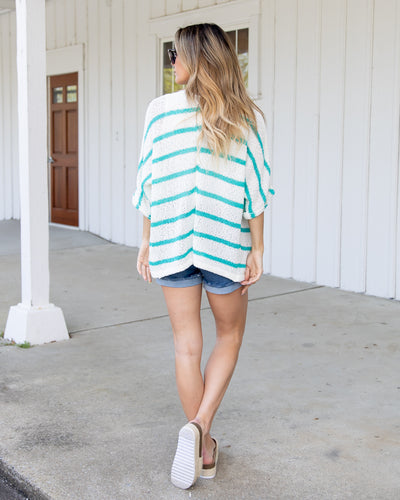 A Weekend In Stripe Cardigan - Off White/Teal