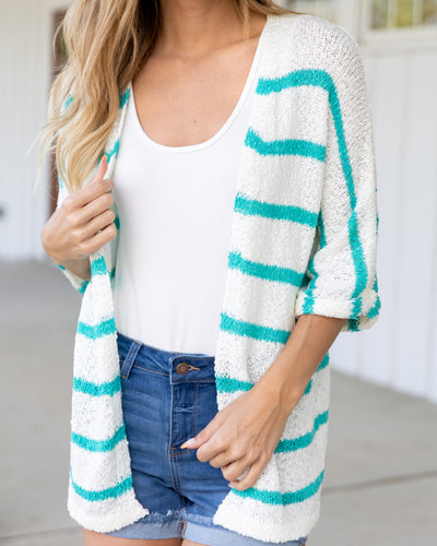 A Weekend In Stripe Cardigan - Off White/Teal