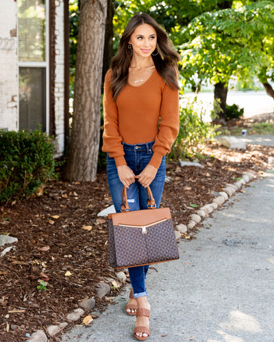 Adriana V-Neck Sweater Bodysuit - Rust