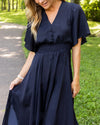 Alanis Flutter Sleeve Satin Midi Dress - Midnight